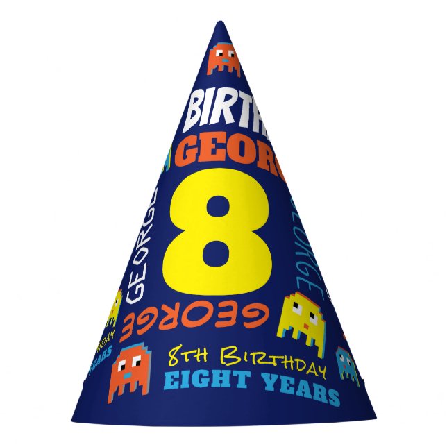 Boy blue colourful 8th gamer birthday  party hat (Front)