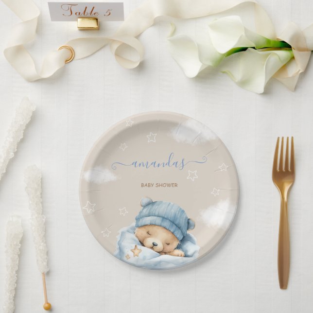 Boy Blue Cute Bear Baby Shower  Paper Plate (Wedding)