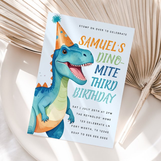 Boy Blue Dinosaur Birthday Party Invitation (Creator Uploaded)