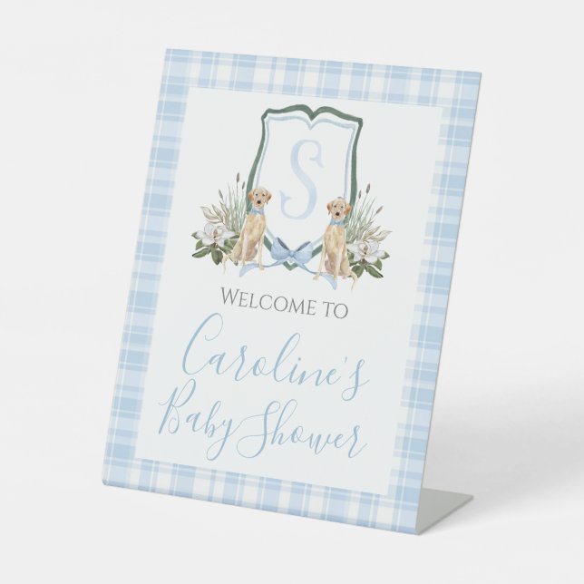 Boy Blue Dog Baby Shower Preppy Southern Pedestal Sign (Front)
