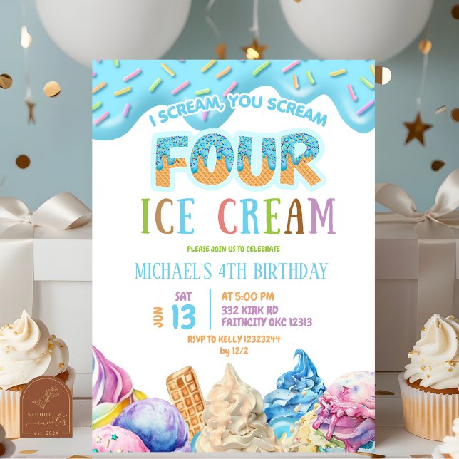 Boy Blue Drip I scream Four ice cream 4th Birthday Invitation (Creator Uploaded)