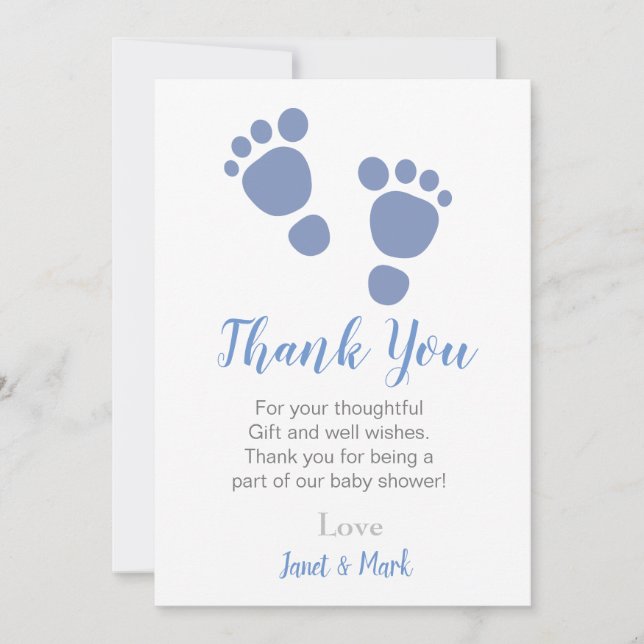 Boy Blue Foot Print Baby Shower Thank You Card (Front)