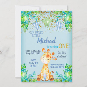 Boy blue giraffe 1st birthday invitation. invitation