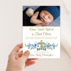 Boy Blue Gold Cross Photo Godparent Invitation