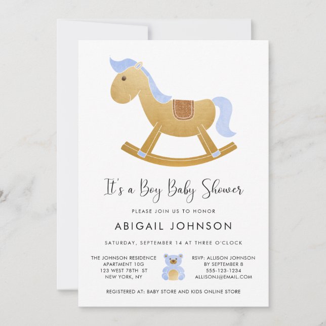 Boy Blue Gold Retro Rocking Horse Baby Shower Invitation (Front)