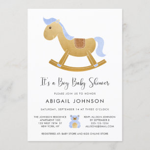 Boy Blue Gold Retro Rocking Horse Baby Shower Invitation