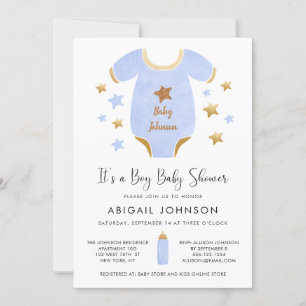 Boy Blue Gold Watercolor Retro Baby Shower Invitation