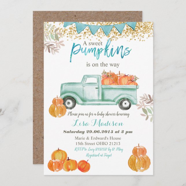 Boy Blue Green Mint Pumpkin baby shower Invitation (Front/Back)