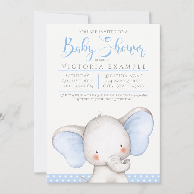 Boy Blue Grey Elephant Baby Shower Invitation (Front)