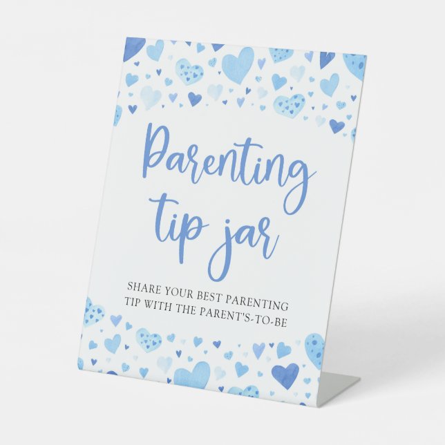 Boy Blue Hearts Valentine Parenting Tip Jar Sign  (Front)