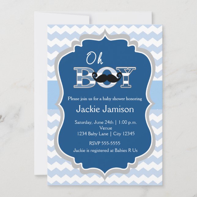 Boy Blue Moustache Chevron Baby Shower Invitation (Front)