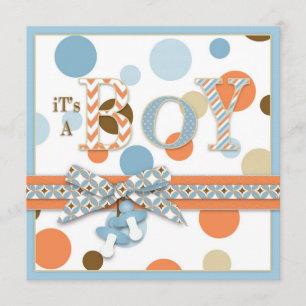 BOY Blue Orange Brown Dots Baby Shower Invitation