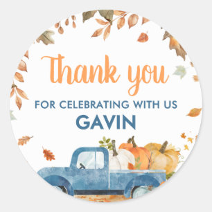 Boy Blue Pumpkin Truck Fall Birthday  Classic Round Sticker