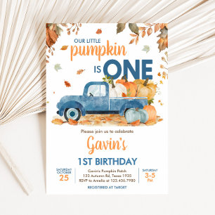 Boy Blue Pumpkin Truck Fall Birthday  Invitation