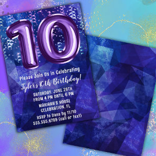 Boy Blue Purple 10th Birthday Invitation