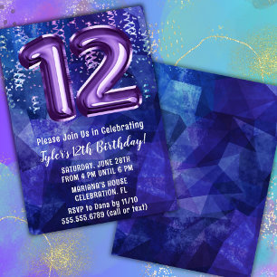 Boy Blue Purple 12th Birthday Invitation