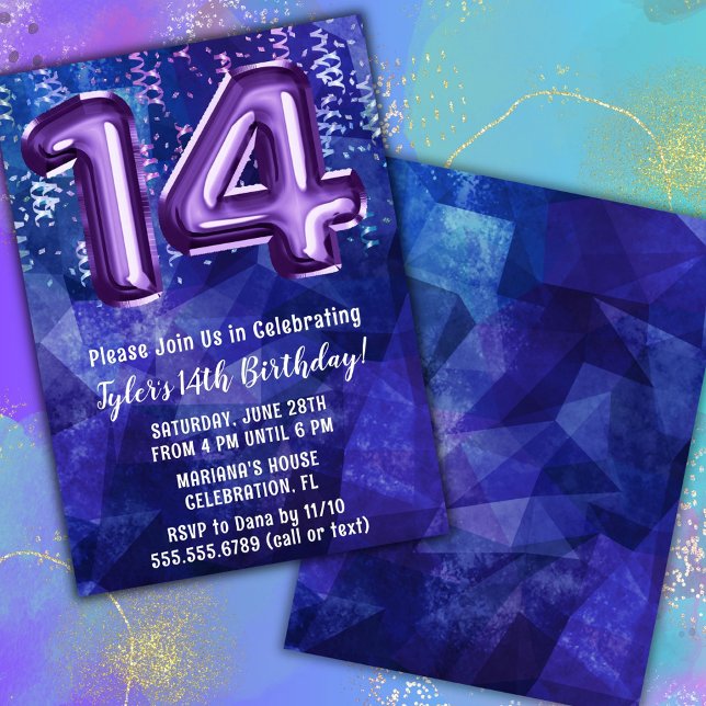 Boy Blue Purple 14th Birthday Invitation (Creator Uploaded)