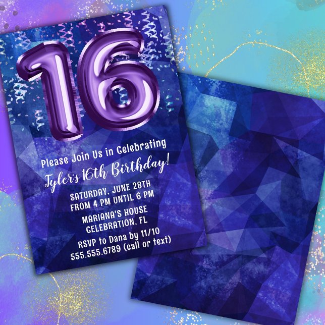 Boy Blue Purple 16th Birthday Invitation (Creator Uploaded)
