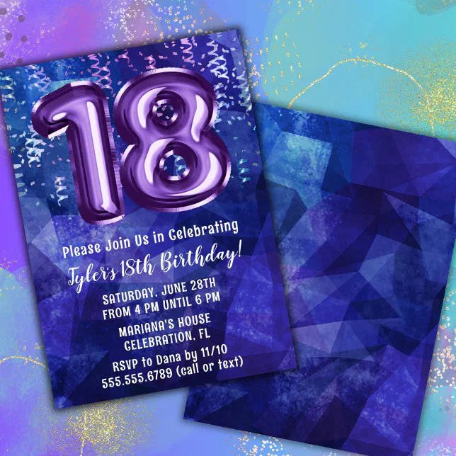 Boy Blue Purple 18th Birthday Invitation | Zazzle