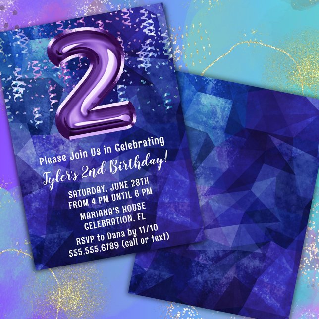 Boy Blue Purple 2nd Birthday Invitation (Creator Uploaded)