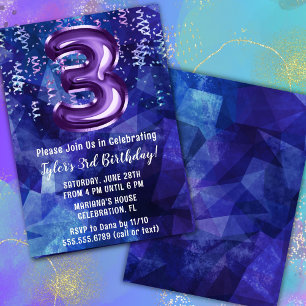 Boy Blue Purple 3rd Birthday Invitation