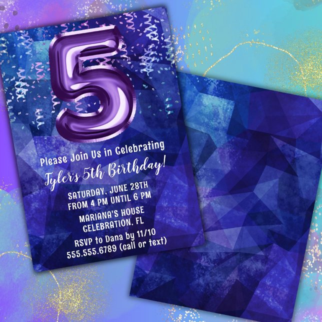 Boy Blue Purple 5th Birthday Invitation (Creator Uploaded)