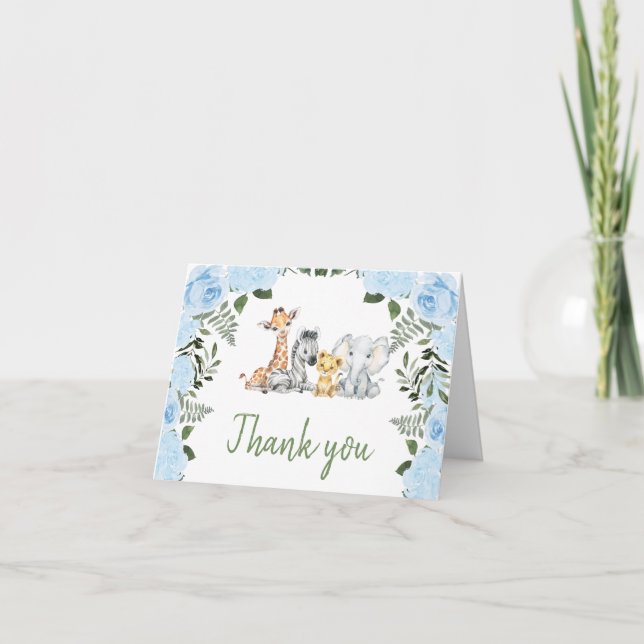 Boy Blue Roses Safari Baby Shower Thank You Card (Front)
