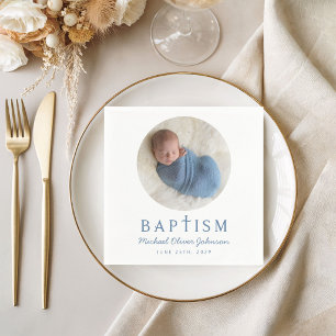 Boy Blue Script Religious Cross Baptism Photo Napkin