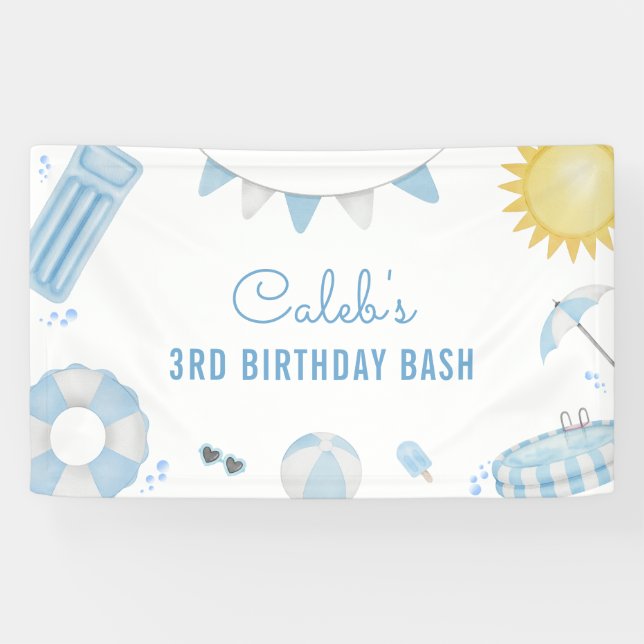 Boy Blue Summer Pool Party Birthday Banner (Horizontal)