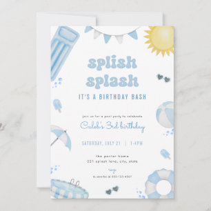 Boy Blue Summer Pool Party Birthday Invitation