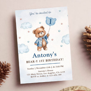 Boy Blue Teddy Bear Balloons First Birthday Invitation