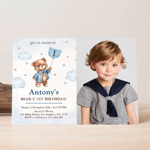 Boy Blue Teddy Bear Balloons First Birthday Photo Invitation