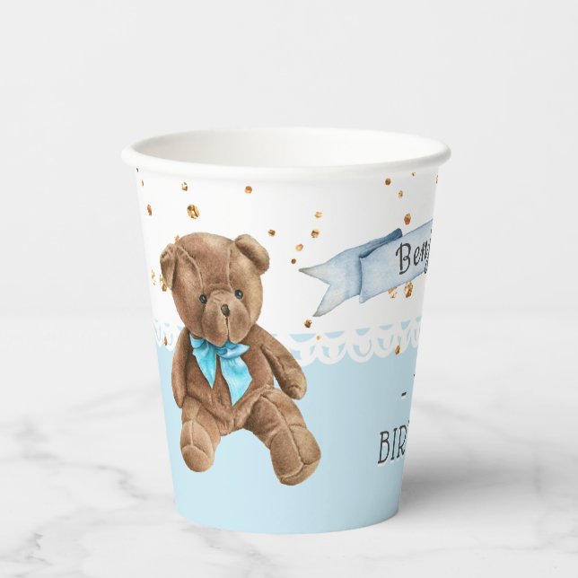 Boy Blue Teddy Bear Birthday Party Paper Cups (Front)