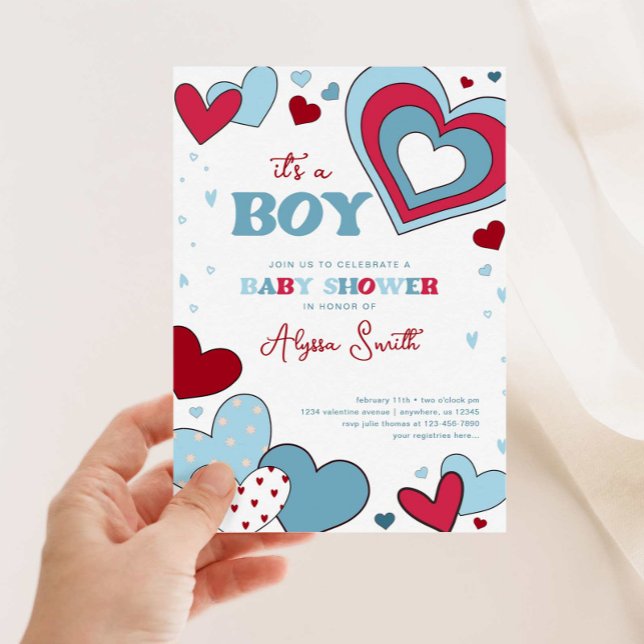 Boy Blue Valentine's Day Hearts Baby Shower Invitation (Creator Uploaded)