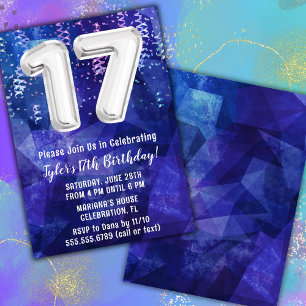 Boy Blue White 17th Birthday Invitation