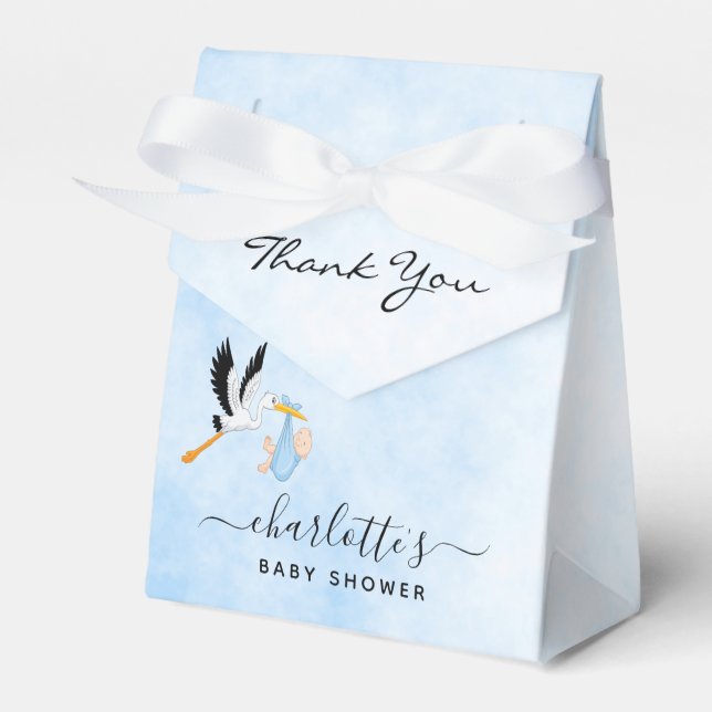 Boy blue white stork animal baby shower favour box (Front Side)