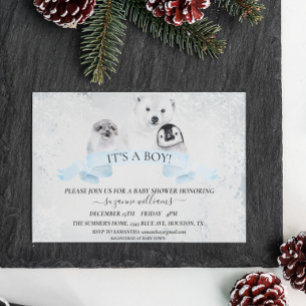 Boy Blue Winter Christmas Baby Shower Animals Invitation