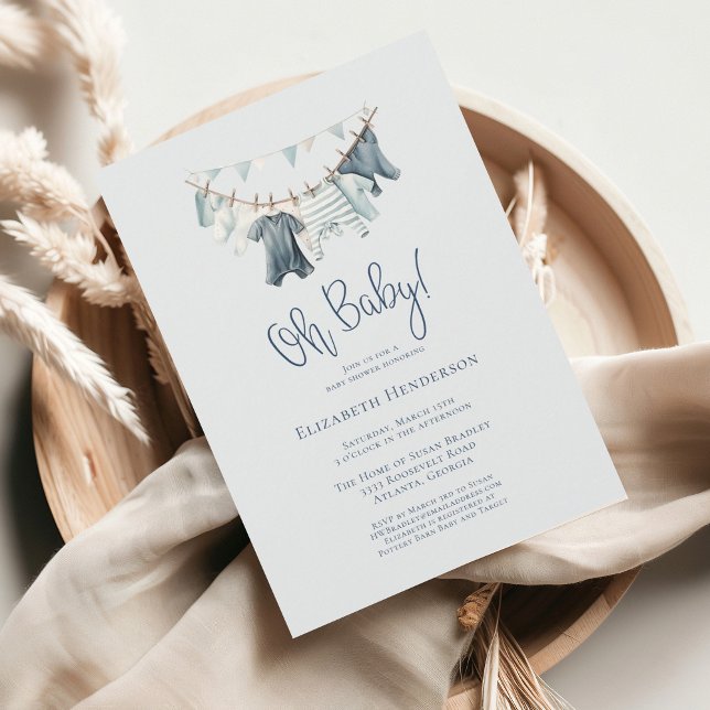 Boy Boho Oh Baby Clothes Clothesline Baby Shower Invitation (Creator Uploaded)