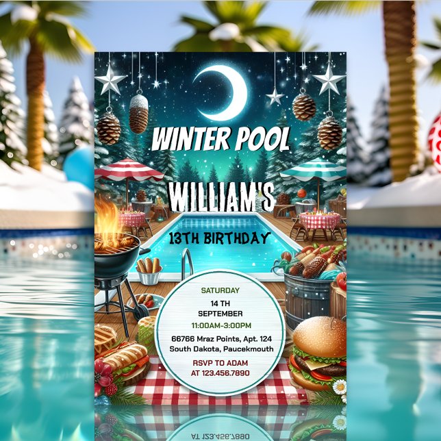boy bruh Barbeque Winter Pool Party 13th birthday Invitation (Creator Uploaded)
