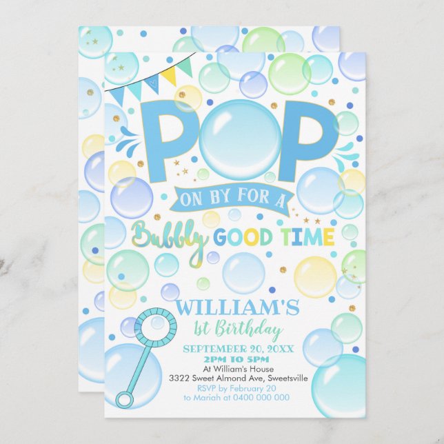 Boy Bubbles Birthday Invitation Pop Birthday (Front/Back)