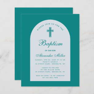 Boy Budget Teal Script Arch Baptism Invitation