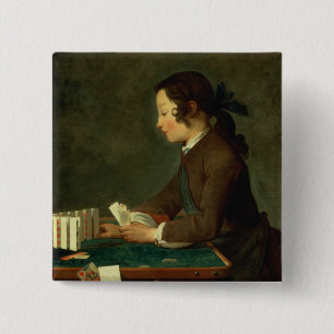 Boy Building a Castle of Cards (oil on canvas) 15 Cm Square Badge
