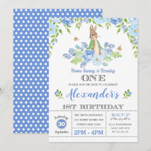 Boy Bunny 1st Birthday Party Garden Blue Floral Invitation