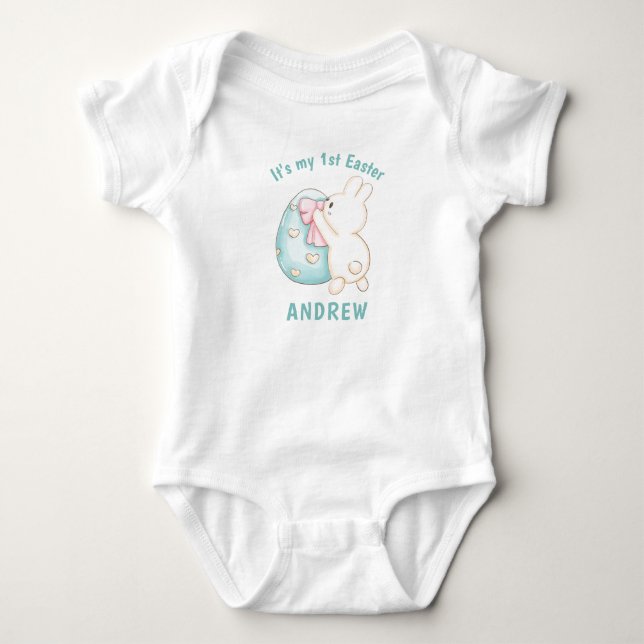 Boy Bunny & Blue Egg 1st Easter Personalised Name  Baby Bodysuit (Front)