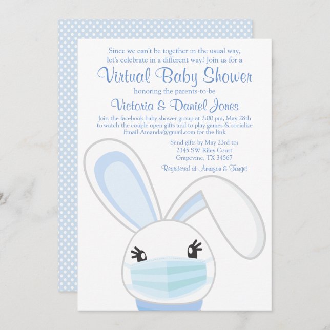 Boy Bunny Rabbit Mask Virtual Baby Shower Invitation (Front/Back)