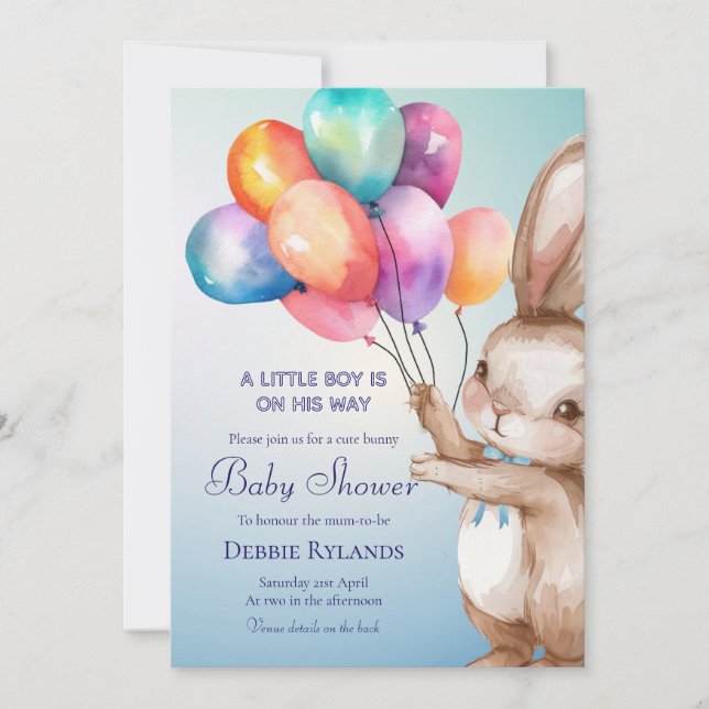 Boy Bunny-Themed Baby Shower Invitation (Front)