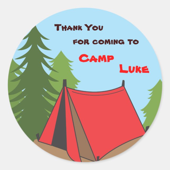 Boy Camping Birthday Party Favour Sticker (Front)