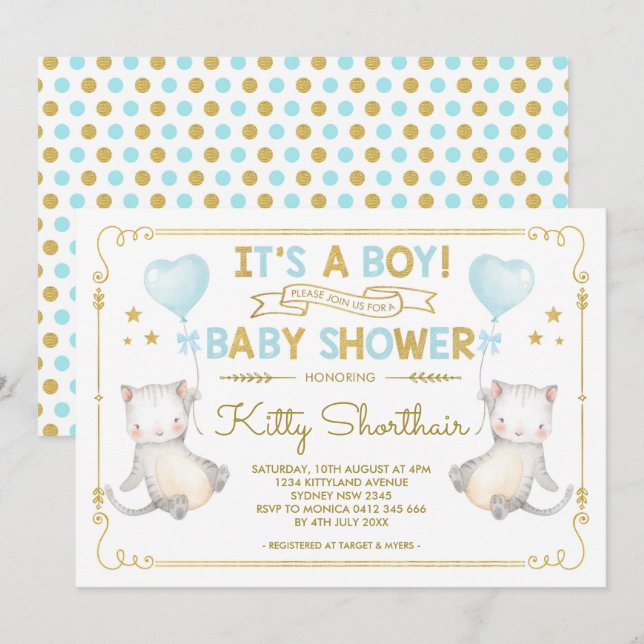 Boy Cat Baby Shower Kitten Cat Lover Blue Gold Invitation (Front/Back)