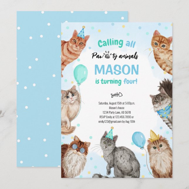 Boy Cat Pawty Animals Birthday Invitation (Front/Back)