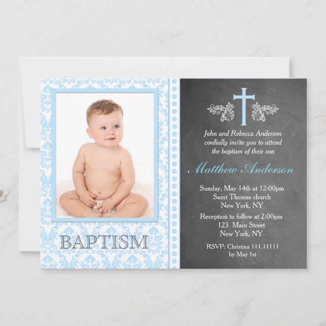 Boy Chalkboard Photo Baptism Invitations (Front)